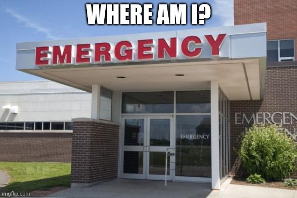 Where am I? | WHERE AM I? | image tagged in hospital entrance,emergency,where am i,asthma | made w/ Imgflip meme maker