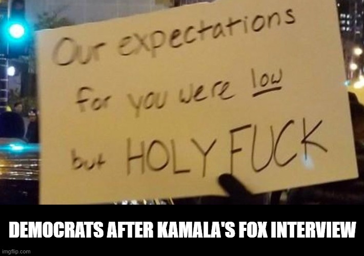 Low Expectations | DEMOCRATS AFTER KAMALA'S FOX INTERVIEW | image tagged in low expectations | made w/ Imgflip meme maker