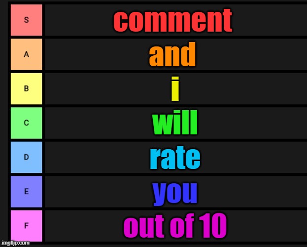 Tier List | comment; and; i; will; rate; you; out of 10 | image tagged in tier list | made w/ Imgflip meme maker