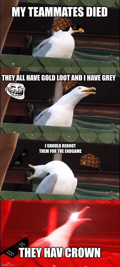 Inhaling Seagull | MY TEAMMATES DIED; THEY ALL HAVE GOLD LOOT AND I HAVE GREY; I SHOULD REBOOT THEM FOR THE ENDGAME; THEY HAV CROWN | image tagged in memes,inhaling seagull | made w/ Imgflip meme maker