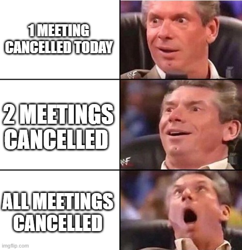 Vince McMahon | 1 MEETING CANCELLED TODAY; 2 MEETINGS CANCELLED; ALL MEETINGS CANCELLED | image tagged in vince mcmahon | made w/ Imgflip meme maker