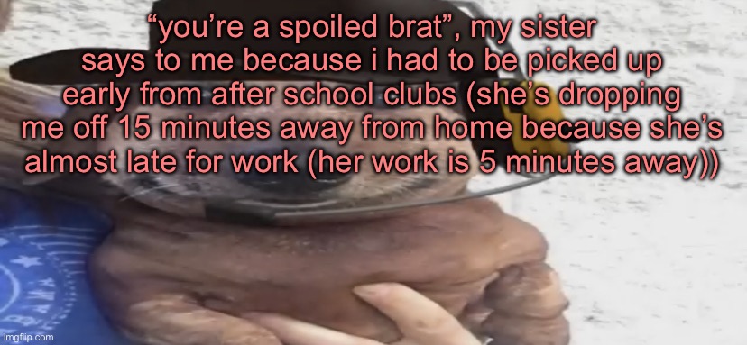 chucklenuts | “you’re a spoiled brat”, my sister says to me because i had to be picked up early from after school clubs (she’s dropping me off 15 minutes away from home because she’s almost late for work (her work is 5 minutes away)) | image tagged in chucklenuts | made w/ Imgflip meme maker