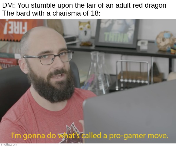 I don't care if you got a nat 20, you can't seduce the dragon! | DM: You stumble upon the lair of an adult red dragon
The bard with a charisma of 18: | image tagged in i'm gonna do what's called a pro-gamer move,dnd,dragon,seducing the dragon | made w/ Imgflip meme maker