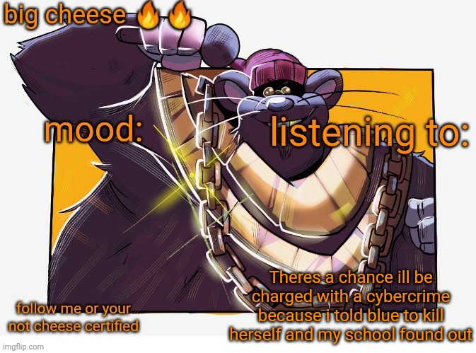 Biggie Cheese Template | Theres a chance ill be charged with a cybercrime because i told blue to kill herself and my school found out | image tagged in biggie cheese template | made w/ Imgflip meme maker