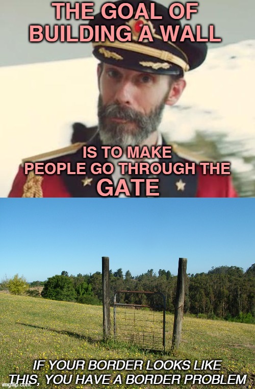 Sick of this leftist talking point... | THE GOAL OF BUILDING A WALL; IS TO MAKE PEOPLE GO THROUGH THE; GATE; IF YOUR BORDER LOOKS LIKE THIS, YOU HAVE A BORDER PROBLEM | image tagged in captain obvious,border,border wall,gate | made w/ Imgflip meme maker