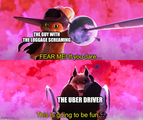 Puss vs death | THE GUY WITH THE LUGGAGE SCREAMING THE UBER DRIVER | image tagged in puss vs death | made w/ Imgflip meme maker