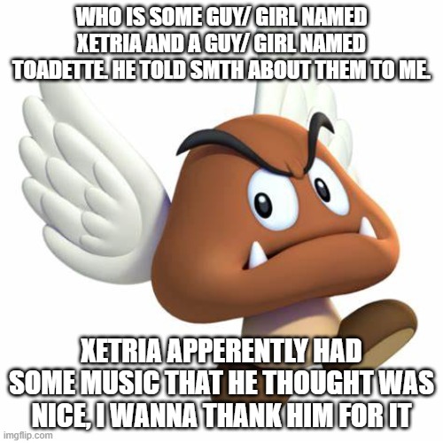 GrimNemo anouncement template | WHO IS SOME GUY/ GIRL NAMED XETRIA AND A GUY/ GIRL NAMED TOADETTE. HE TOLD SMTH ABOUT THEM TO ME. XETRIA APPERENTLY HAD SOME MUSIC THAT HE THOUGHT WAS NICE, I WANNA THANK HIM FOR IT | image tagged in grimnemo anouncement template | made w/ Imgflip meme maker