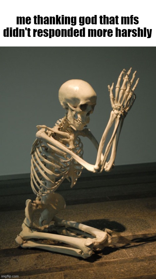 Praying Skeleton | me thanking god that mfs didn't responded more harshly | image tagged in praying skeleton | made w/ Imgflip meme maker