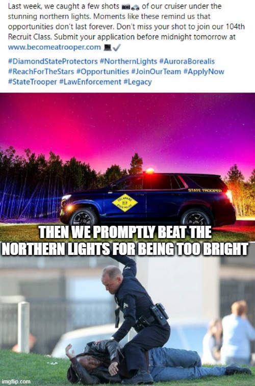 Cop Beating | THEN WE PROMPTLY BEAT THE NORTHERN LIGHTS FOR BEING TOO BRIGHT | image tagged in cop beating | made w/ Imgflip meme maker