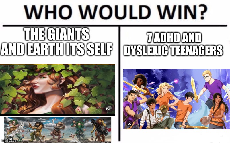 Who Would Win? | THE GIANTS AND EARTH ITS SELF; 7 ADHD AND DYSLEXIC TEENAGERS | image tagged in memes,who would win | made w/ Imgflip meme maker