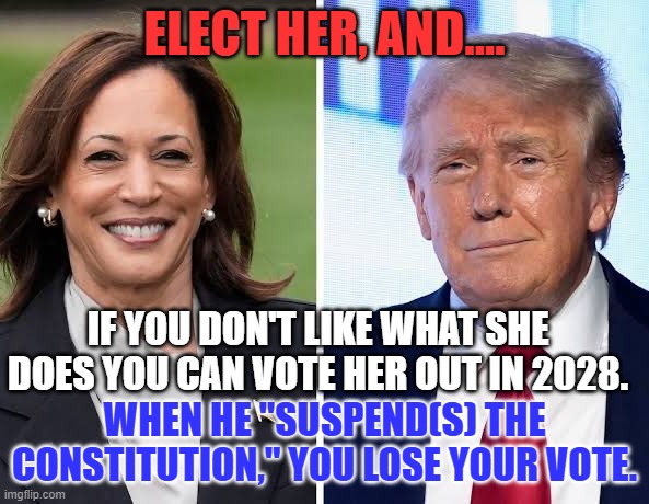 Undecided? | ELECT HER, AND.... IF YOU DON'T LIKE WHAT SHE DOES YOU CAN VOTE HER OUT IN 2028. WHEN HE "SUSPEND(S) THE CONSTITUTION," YOU LOSE YOUR VOTE. | image tagged in kamala harris and donald trump | made w/ Imgflip meme maker