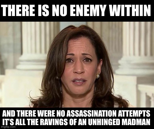 kamala harris | THERE IS NO ENEMY WITHIN; AND THERE WERE NO ASSASSINATION ATTEMPTS IT’S ALL THE RAVINGS OF AN UNHINGED MADMAN | image tagged in kamala harris,donald trump,new normal,election 2024,stupid liberals,liberal hypocrisy | made w/ Imgflip meme maker