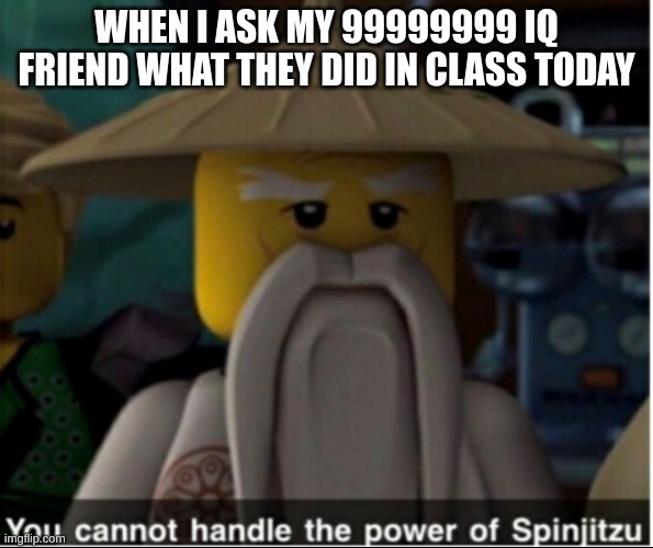 You cannot handle the power of Spinjitzu | WHEN I ASK MY 99999999 IQ FRIEND WHAT THEY DID IN CLASS TODAY | image tagged in you cannot handle the power of spinjitzu | made w/ Imgflip meme maker