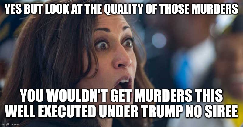 kamala harriss | YES BUT LOOK AT THE QUALITY OF THOSE MURDERS YOU WOULDN'T GET MURDERS THIS WELL EXECUTED UNDER TRUMP NO SIREE | image tagged in kamala harriss | made w/ Imgflip meme maker