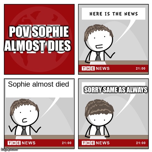 pov sophie foster almost dies | POV SOPHIE ALMOST DIES; Sophie almost died; SORRY SAME AS ALWAYS | image tagged in the news | made w/ Imgflip meme maker