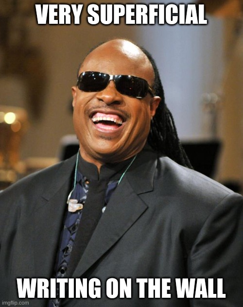 Stevie Wonder | VERY SUPERFICIAL WRITING ON THE WALL | image tagged in stevie wonder | made w/ Imgflip meme maker