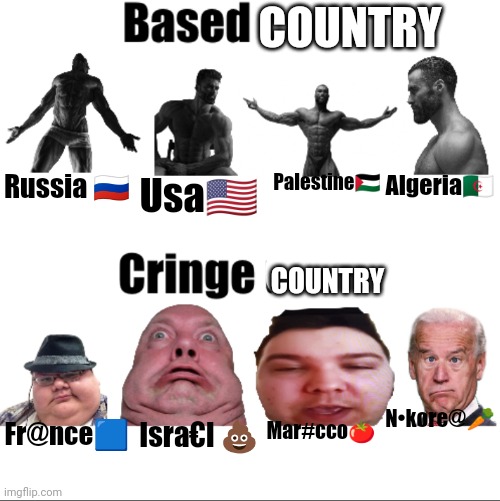 Good vs Bad country | COUNTRY; Russia 🇷🇺; Palestine🇵🇸; Algeria🇩🇿; Usa🇺🇲; COUNTRY; N•kore@🥕; Fr@nce🟦; Isra€l 💩; Mar#cco🍅 | image tagged in based vs cringe users russian_tsarist_8 version | made w/ Imgflip meme maker