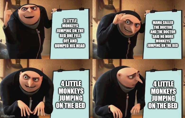 Gru Despicable Diabolical Plan | 5 LITTLE MONKEYS JUMPING ON THE BED ONE FELL OFF AND BUMPED HIS HEAD; MAMA CALLED THE DOCTOR AND THE DOCTOR SAID NO MORE MONKEYS JUMPING ON THE BED; 4 LITTLE MONKEYS JUMPING ON THE BED; 4 LITTLE MONKEYS JUMPING ON THE BED | image tagged in gru despicable diabolical plan | made w/ Imgflip meme maker