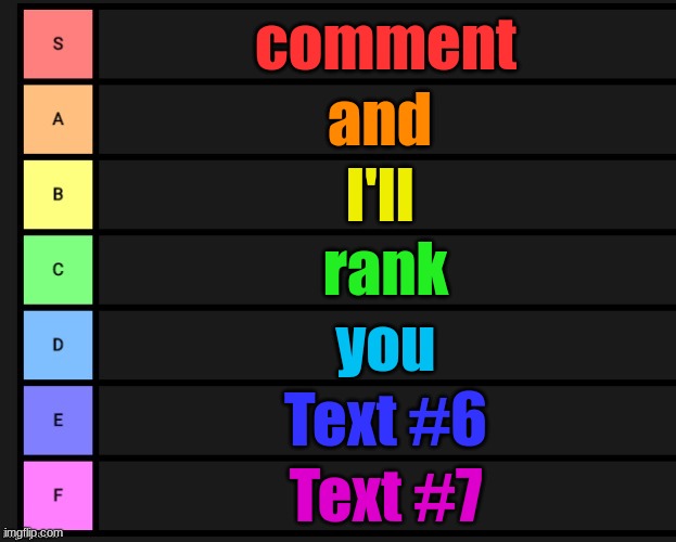 Tier List | comment; and; I'll; rank; you; Text #6; Text #7 | image tagged in tier list | made w/ Imgflip meme maker