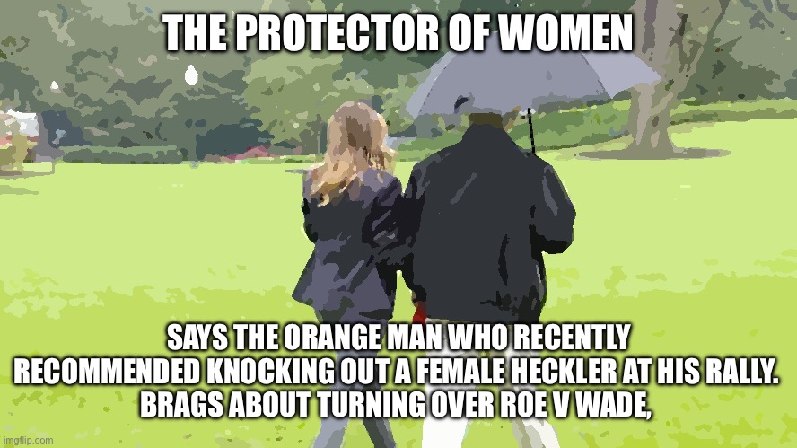 The protector of Women | THE PROTECTOR OF WOMEN; SAYS THE ORANGE MAN WHO RECENTLY RECOMMENDED KNOCKING OUT A FEMALE HECKLER AT HIS RALLY. 
BRAGS ABOUT TURNING OVER ROE V WADE, | image tagged in donald trump,melania trump,nevertrump,donald trump you're fired,donald trump is an idiot,trump russia collusion | made w/ Imgflip meme maker