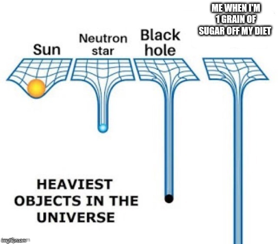 heaviest objects in the universe | ME WHEN I'M 1 GRAIN OF SUGAR OFF MY DIET | image tagged in heaviest objects in the universe | made w/ Imgflip meme maker