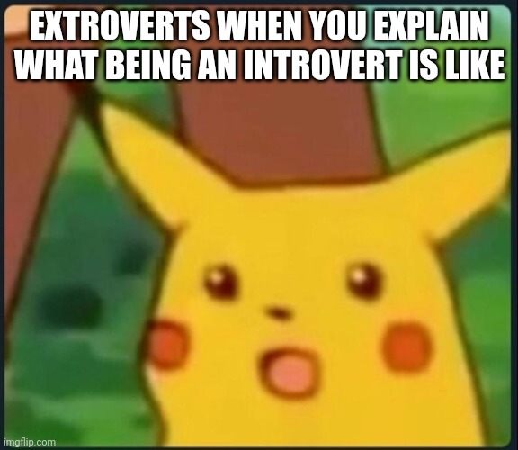 Surprised Pikachu | EXTROVERTS WHEN YOU EXPLAIN WHAT BEING AN INTROVERT IS LIKE | image tagged in surprised pikachu | made w/ Imgflip meme maker