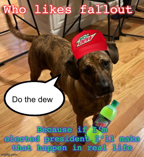 Do the dew | Who likes fallout; Because if I’m elected president I’ll make that happen in real life | image tagged in do the dew | made w/ Imgflip meme maker