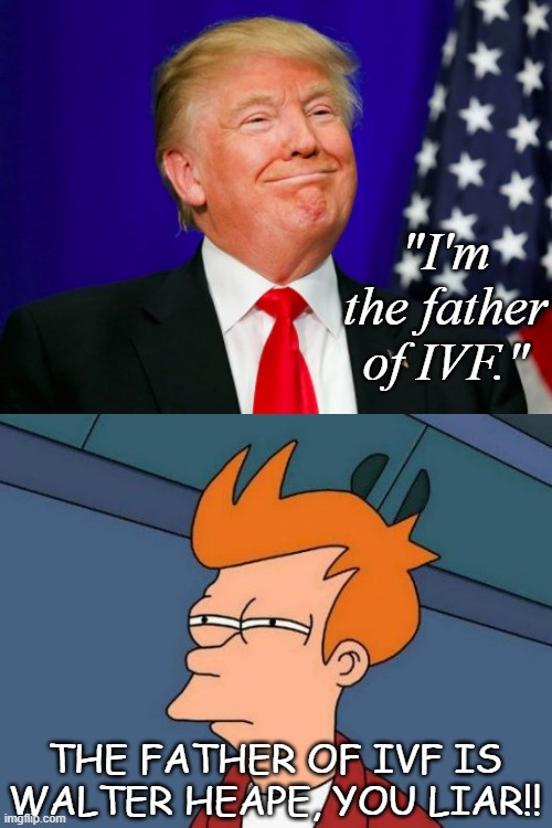 Welll... he does have a long history of claiming credit for other people's work sooo... points for consistency, I guess... | "I'm the father of IVF."; THE FATHER OF IVF IS WALTER HEAPE, YOU LIAR!! | image tagged in trump smile,memes,futurama fry,lying pos | made w/ Imgflip meme maker