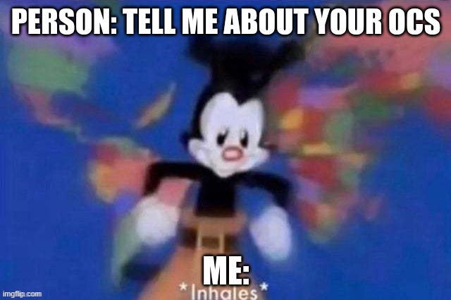 I have reached the 70 mark... | PERSON: TELL ME ABOUT YOUR OCS; ME: | image tagged in yakko,ocs | made w/ Imgflip meme maker