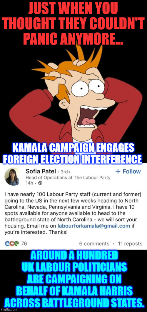 Desperate Kamala engages UK politicians to campaign for her in battleground states. | JUST WHEN YOU THOUGHT THEY COULDN'T PANIC ANYMORE... KAMALA CAMPAIGN ENGAGES FOREIGN ELECTION INTERFERENCE; AROUND A HUNDRED UK LABOUR POLITICIANS ARE CAMPAIGNING ON BEHALF OF KAMALA HARRIS ACROSS BATTLEGROUND STATES. | image tagged in kamala harris,massive election cheating,more to come | made w/ Imgflip meme maker