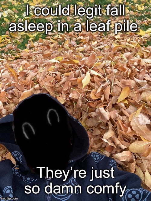 Murderous Fall Edition | I could legit fall asleep in a leaf pile; They’re just so damn comfy | image tagged in murderous fall edition | made w/ Imgflip meme maker