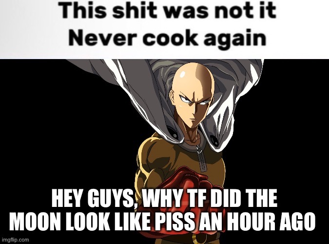 Was it the harvest moon or some shit | HEY GUYS, WHY TF DID THE MOON LOOK LIKE PISS AN HOUR AGO | image tagged in saitama never cook again | made w/ Imgflip meme maker