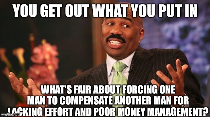 Steve Harvey Meme | YOU GET OUT WHAT YOU PUT IN WHAT'S FAIR ABOUT FORCING ONE MAN TO COMPENSATE ANOTHER MAN FOR LACKING EFFORT AND POOR MONEY MANAGEMENT? | image tagged in memes,steve harvey | made w/ Imgflip meme maker