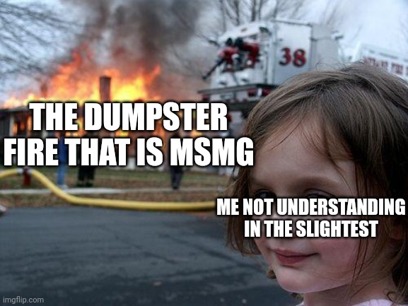 Fr fr | THE DUMPSTER FIRE THAT IS MSMG; ME NOT UNDERSTANDING IN THE SLIGHTEST | image tagged in memes,disaster girl | made w/ Imgflip meme maker