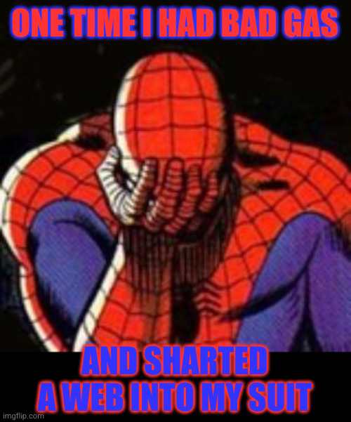 Sad Spiderman Meme | ONE TIME I HAD BAD GAS AND SHARTED A WEB INTO MY SUIT | image tagged in memes,sad spiderman,spiderman | made w/ Imgflip meme maker