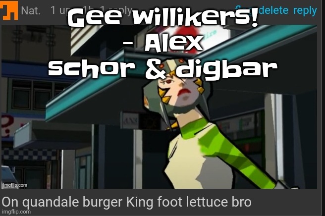ITS TOO FUNNY | Gee willikers! - Alex schor & digbar | image tagged in on quandale burger king foot lettuce bro | made w/ Imgflip meme maker