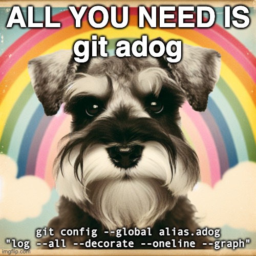 All you need is git adog | ALL YOU NEED IS
git adog; git config --global alias.adog "log --all --decorate --oneline --graph" | image tagged in a white mini schnauzer on a background of rainbow colors radiat,git | made w/ Imgflip meme maker