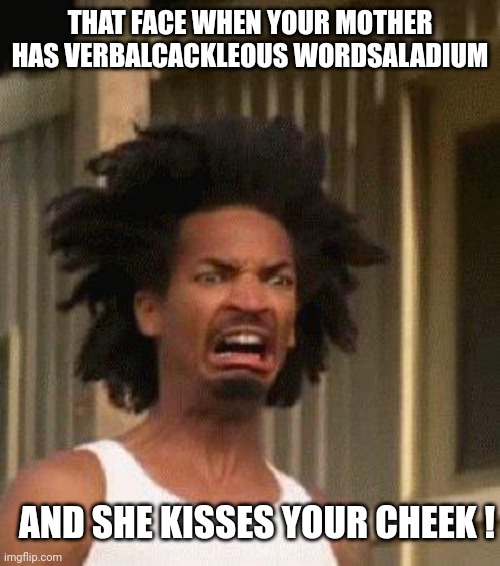 Disgusted Face | THAT FACE WHEN YOUR MOTHER HAS VERBALCACKLEOUS WORDSALADIUM AND SHE KISSES YOUR CHEEK ! | image tagged in disgusted face | made w/ Imgflip meme maker