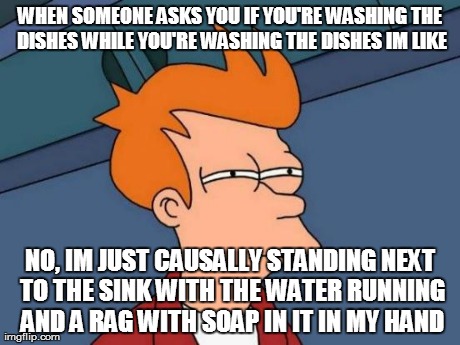 Futurama Fry Meme | WHEN SOMEONE ASKS YOU IF YOU'RE WASHING THE DISHES WHILE YOU'RE WASHING THE DISHES IM LIKE NO, IM JUST CAUSALLY STANDING NEXT TO THE SINK WI | image tagged in memes,futurama fry | made w/ Imgflip meme maker