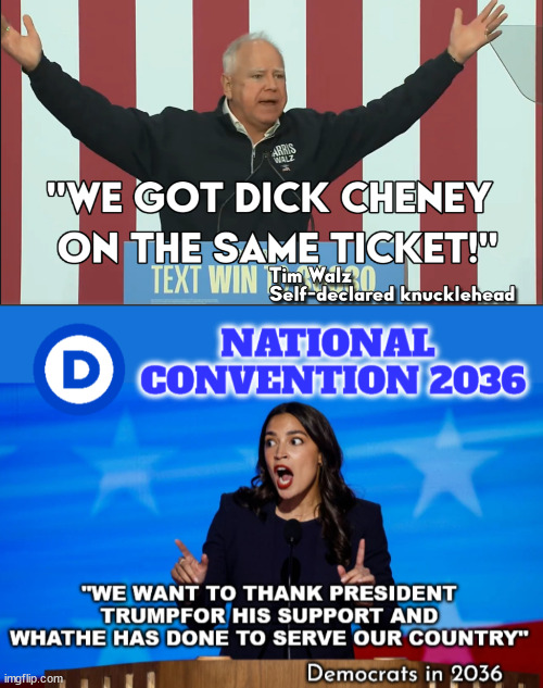 The way things are going in the DNC | image tagged in crazy aoc,democrats,republicans,tim walz,dick cheney,the future | made w/ Imgflip meme maker