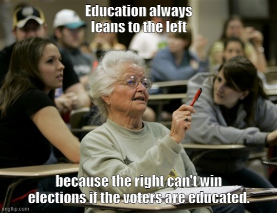 education | Education always leans to the left; because the right can't win elections if the voters are educated. | image tagged in old elderly woman in school class | made w/ Imgflip meme maker