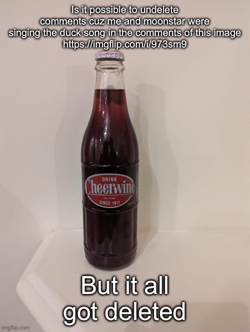 Cheerwine | Is it possible to undelete comments cuz me and moonstar were singing the duck song in the comments of this image
https://imgflip.com/i/973sm9; But it all got deleted | image tagged in cheerwine | made w/ Imgflip meme maker