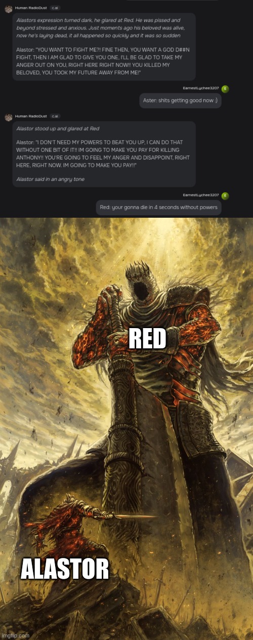 red solos | RED; ALASTOR | image tagged in yhorm dark souls | made w/ Imgflip meme maker