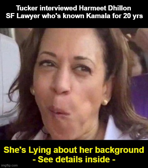 Kamala is a Big Fat Liar | Tucker interviewed Harmeet Dhillon 
SF Lawyer who's known Kamala for 20 yrs; She's Lying about her background
- See details inside - | image tagged in kamala harris | made w/ Imgflip meme maker