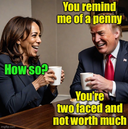 When the coffee burns | You remind me of a penny; How so? You’re two faced and not worth much | image tagged in kamala and trump coffee | made w/ Imgflip meme maker