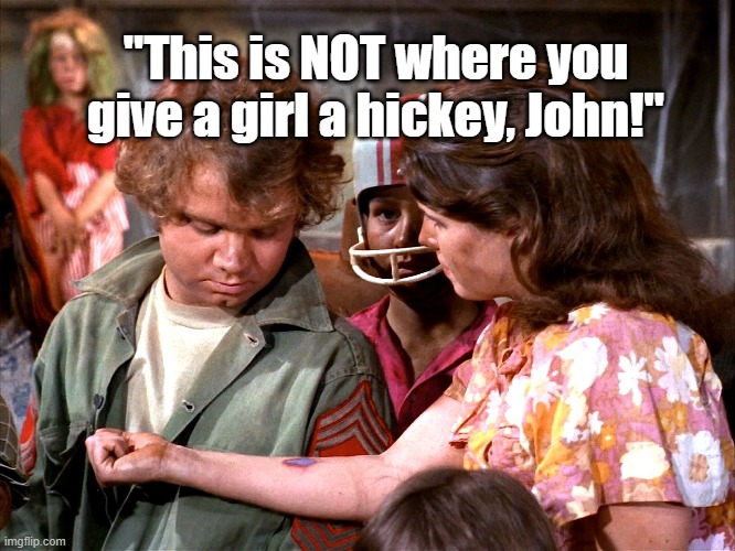 Miri hickey | "This is NOT where you give a girl a hickey, John!" | image tagged in star trek | made w/ Imgflip meme maker
