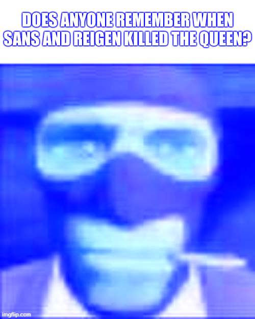 There is no punchline | DOES ANYONE REMEMBER WHEN SANS AND REIGEN KILLED THE QUEEN? | image tagged in there is no punchline | made w/ Imgflip meme maker