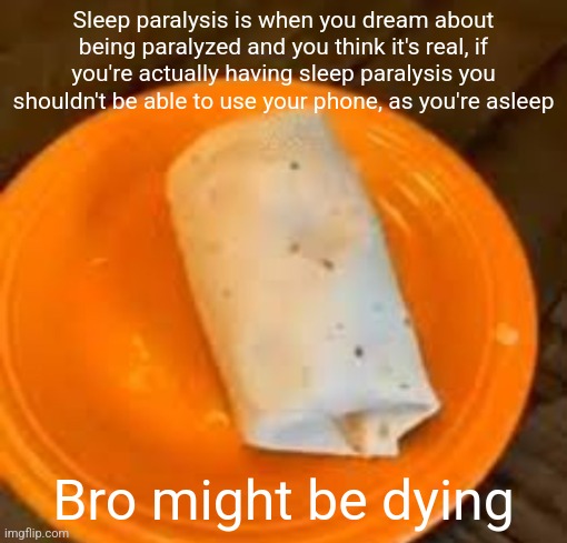 JimmyHere Burrito | Sleep paralysis is when you dream about being paralyzed and you think it's real, if you're actually having sleep paralysis you shouldn't be able to use your phone, as you're asleep; Bro might be dying | image tagged in jimmyhere burrito | made w/ Imgflip meme maker