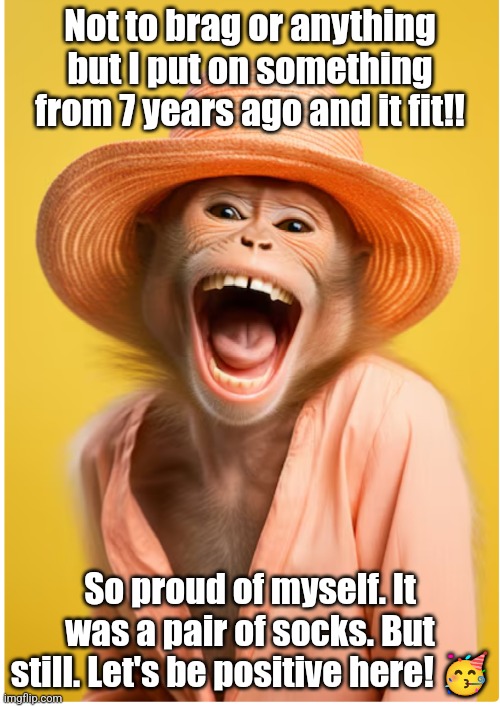 Fashion Monkey | Not to brag or anything but I put on something from 7 years ago and it fit!! So proud of myself. It was a pair of socks. But still. Let's be positive here! 🥳 | image tagged in chimp,funny,fashion,lol,monkey | made w/ Imgflip meme maker