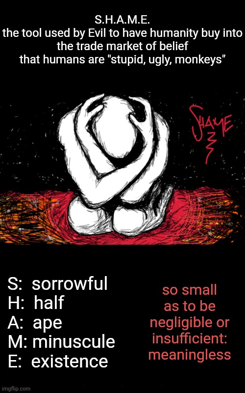 S.H.A.M.E. | S.H.A.M.E.
the tool used by Evil to have humanity buy into the trade market of belief that humans are "stupid, ugly, monkeys"; S:  sorrowful
H:  half
A:  ape
M: minuscule
E:  existence; so small as to be negligible or insufficient: meaningless | image tagged in walk on water,blossomraveneski | made w/ Imgflip meme maker